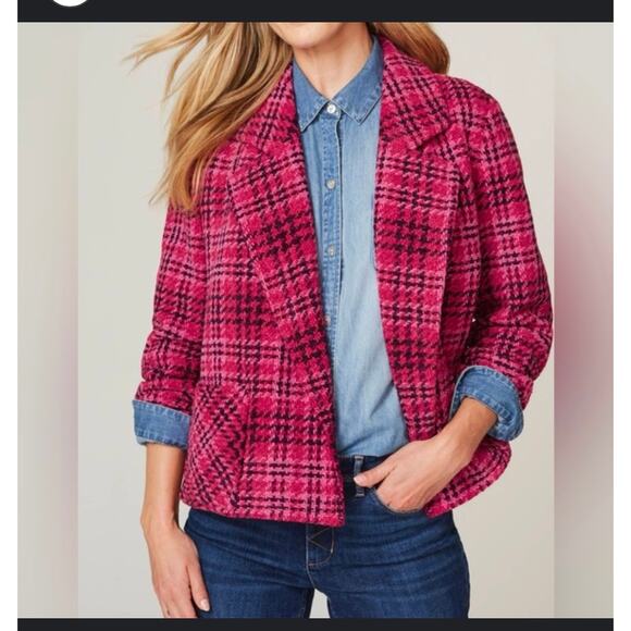 J Jill Chenille Tweed Chenille Open Front Blazer Jacket Pink Red Pockets S Tall - Picture 2 of 12